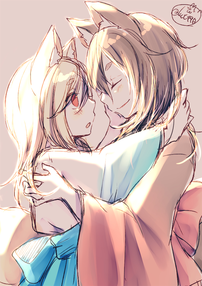 2girls :o animal_ears bangs blue_bow blue_skirt blush bow brown_background brown_hair brown_kimono chita_(ketchup) closed_eyes closed_mouth eyebrows_visible_through_hair facing_another fox_ears fox_girl fox_tail hair_between_eyes japanese_clothes kimono long_hair long_sleeves looking_at_another multiple_girls original parted_lips pleated_skirt profile red_eyes short_eyebrows signature simple_background sketch skirt tail thick_eyebrows white_kimono wide_sleeves