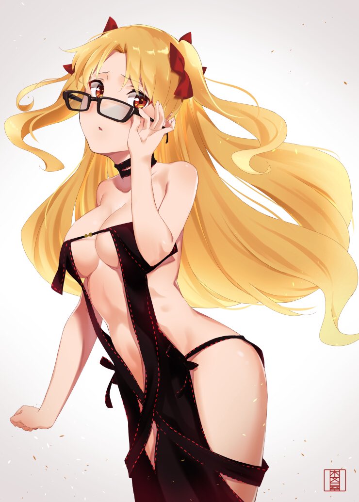 1girl bangs bare_shoulders blonde_hair blush breasts brown_eyes cleavage commentary commentary_request ereshkigal_(fate/grand_order) fate/grand_order fate_(series) glasses long_hair looking_at_viewer medium_breasts murio open_mouth parted_bangs red_ribbon revealing_clothes ribbon solo standing twintails