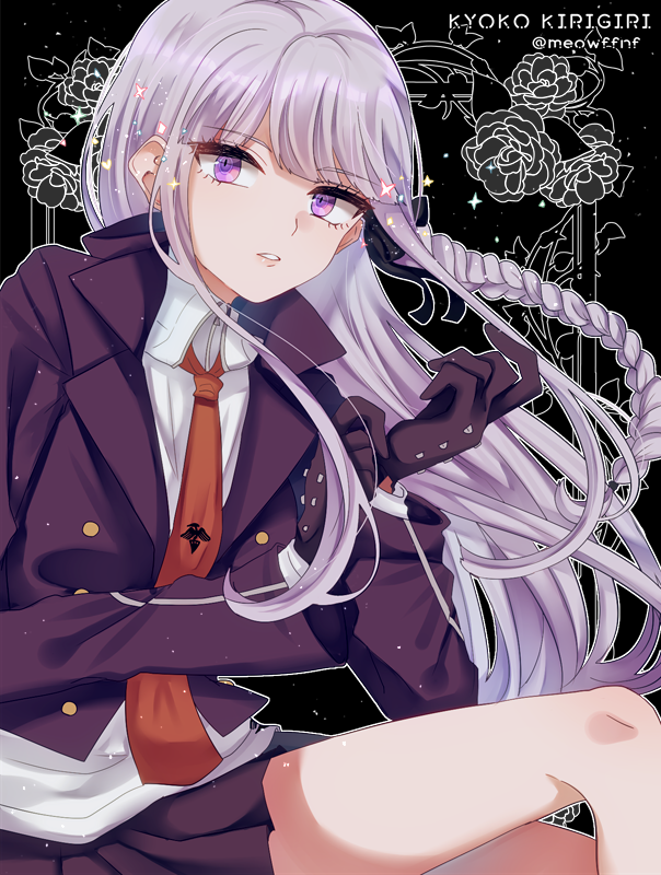 1girl adjusting_clothes adjusting_gloves black_gloves braid dangan_ronpa dangan_ronpa_1 eyes floating_hair gloves jacket kirigiri_kyouko long_hair long_sleeves looking_at_viewer miniskirt nekoshin_kagari orange_neckwear parted_lips pleated_skirt print_neckwear purple_jacket purple_skirt shiny shiny_hair shirt silver_hair single_braid sitting skirt solo twitter_username very_long_hair violet_eyes white_shirt