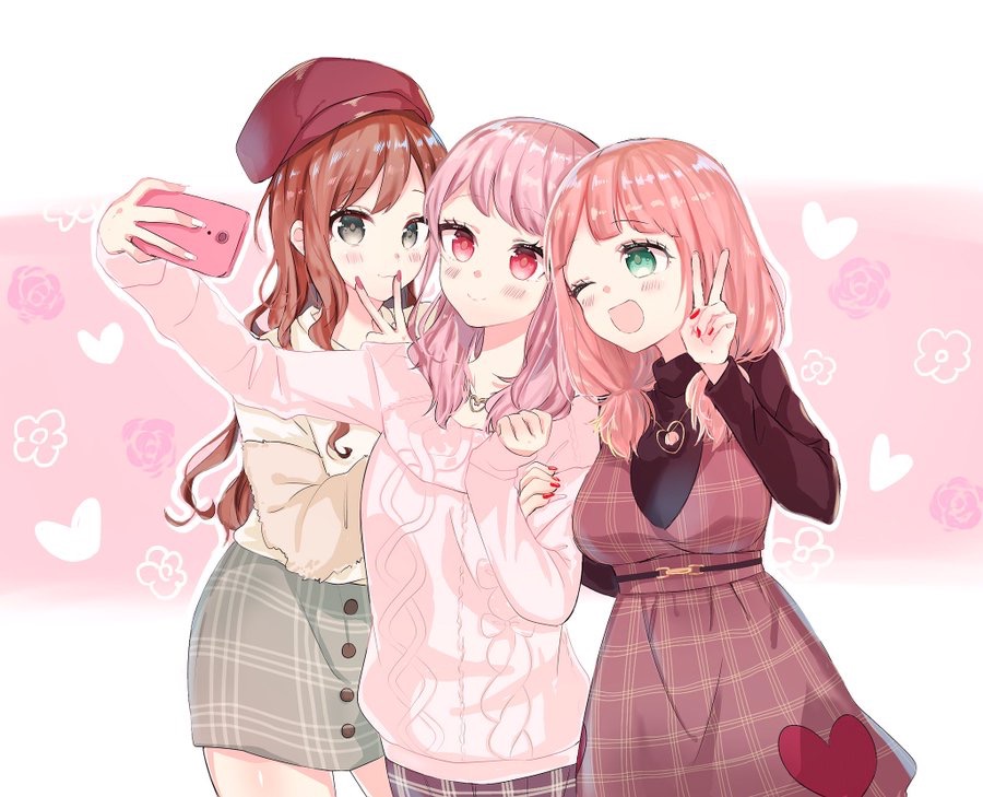 3girls :3 ;d arm_hug bang_dream! bangs belt beret black_shirt blush brown_hair cellphone clenched_hand dress green_eyes hana_kon_(17aaammm) hat heart holding holding_phone imai_lisa long_hair long_sleeves low_twintails maruyama_aya miniskirt multiple_girls nail_polish one_eye_closed open_mouth phone pinafore_dress pink_background pink_hair plaid plaid_dress plaid_skirt red_dress red_eyes red_hat red_nails self_shot shirt skirt smartphone smile sweater taking_picture twintails uehara_himari v v_over_mouth