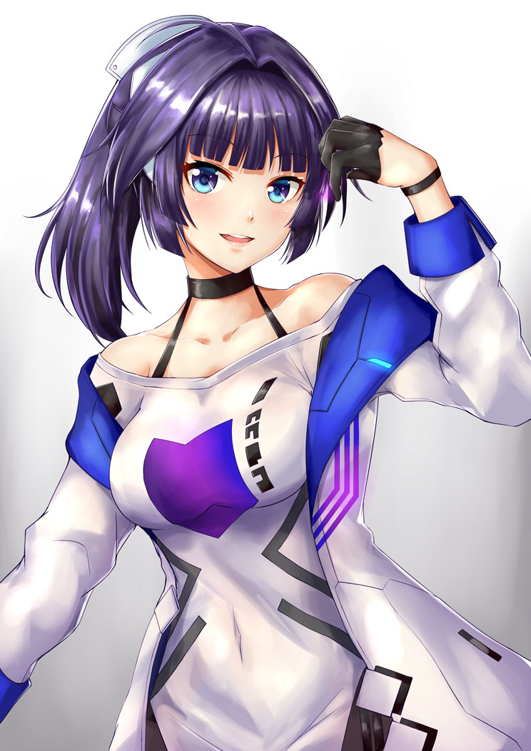 1girl bangs black_gloves blue_eyes blush breasts choker collarbone covered_navel dress eyebrows_visible_through_hair gloves gradient gradient_background hair_ornament half_gloves hand_up honkai_(series) honkai_impact_3 impossible_clothes jacket kelinch1 large_breasts long_hair looking_at_viewer off-shoulder_dress off_shoulder open_clothes open_jacket open_mouth ponytail purple_hair raiden_mei raiden_mei_(striker_fulminata) sidelocks simple_background sleeve_cuffs smile solo upper_body wristband