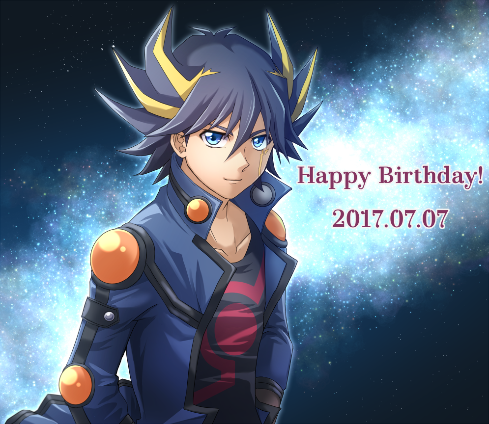 1boy 2017 black_shirt blue_eyes blue_hair blue_jacket collarbone dated facial_mark fudou_yuusei hair_between_eyes hands_on_hips happy_birthday highlights jacket looking_at_viewer male_focus mitsucho multicolored_hair open_clothes open_jacket print_shirt shirt sky smile solo spiky_hair star_(sky) starry_sky two-tone_hair upper_body yuu-gi-ou yuu-gi-ou_5d's