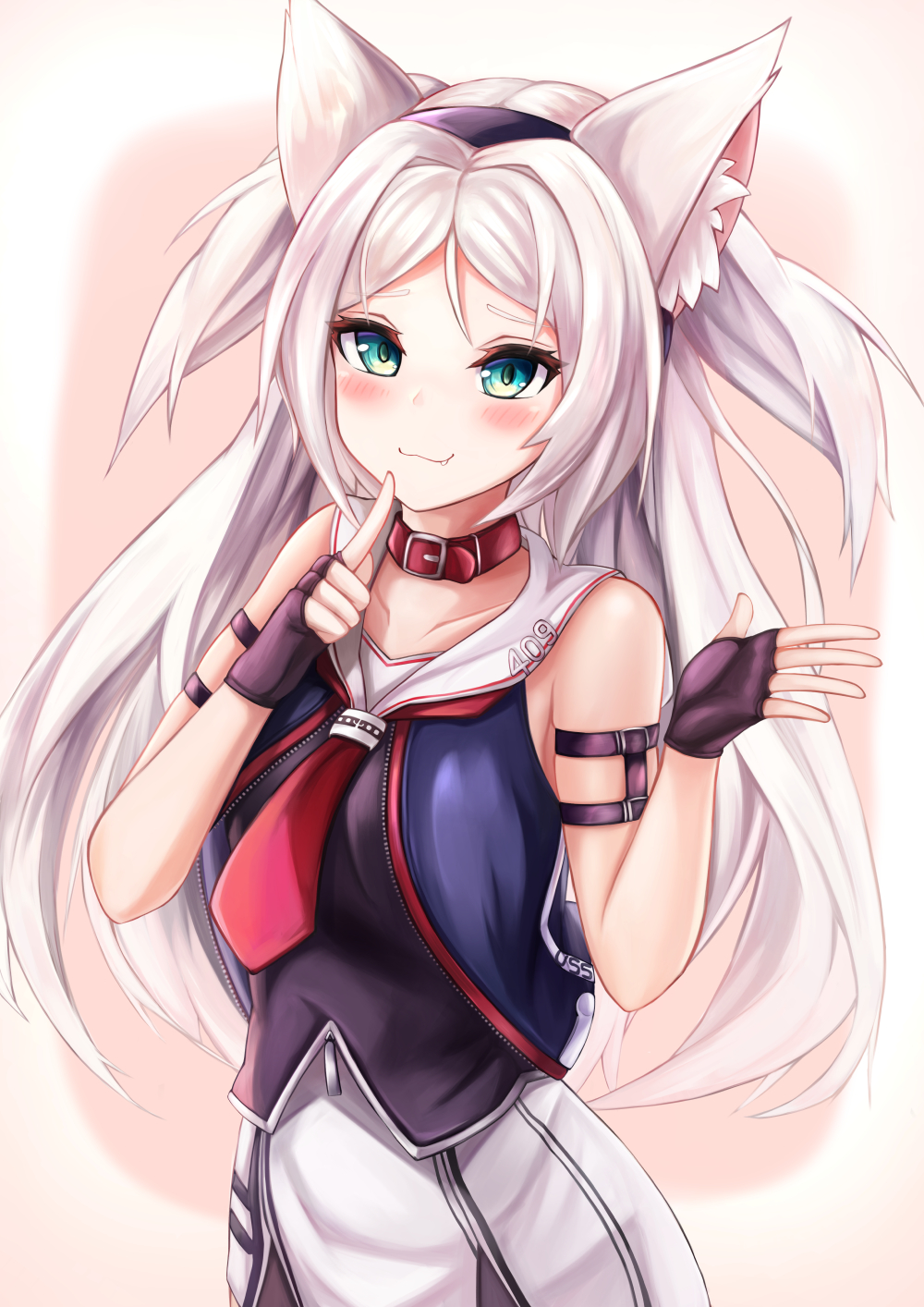 1girl :3 american_flag animal_ears aqua_eyes azur_lane bangs black_gloves blush cat_ears closed_mouth cowboy_shot cropped_vest fang_out fingerless_gloves gloves hands_up highres index_finger_raised leather_collar long_hair looking_at_viewer necktie red_neckwear ryara_vivi sailor_collar sidelocks sims_(azur_lane) sleeveless smile solo two_side_up white_hair