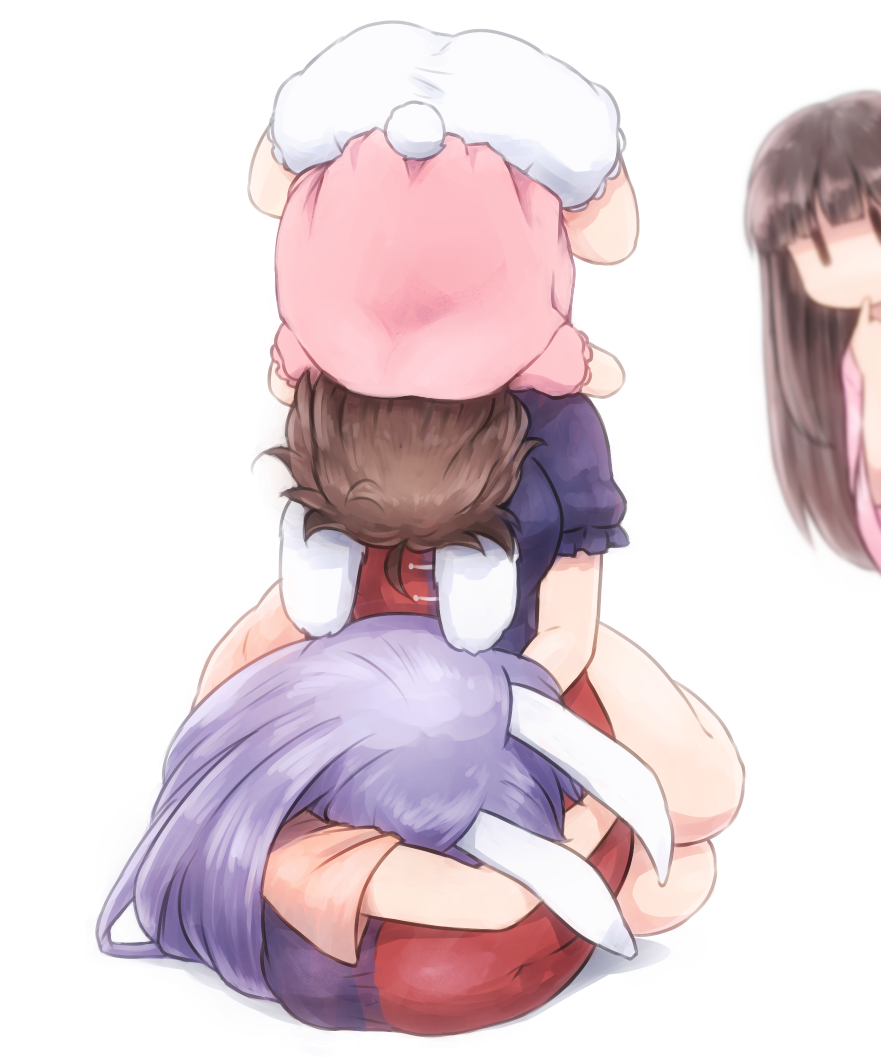 4girls ahoge animal_ears ass bangs bloomers blue_dress blunt_bangs brown_hair bunny_tail commentary_request covered_face dress finger_to_mouth grabbing group_hug head_hug houraisan_kaguya hug inaba_tewi lap_pillow long_hair looking_at_another lying multicolored multicolored_clothes multicolored_dress multiple_girls pink_shirt puffy_short_sleeves puffy_sleeves purple_hair rabbit_ears red_dress reisen_udongein_inaba seiza shadow shirosato shirt short_hair short_sleeves simple_background sitting tail thighs touhou underwear upside-down very_long_hair white_background white_bloomers yagokoro_eirin |_|