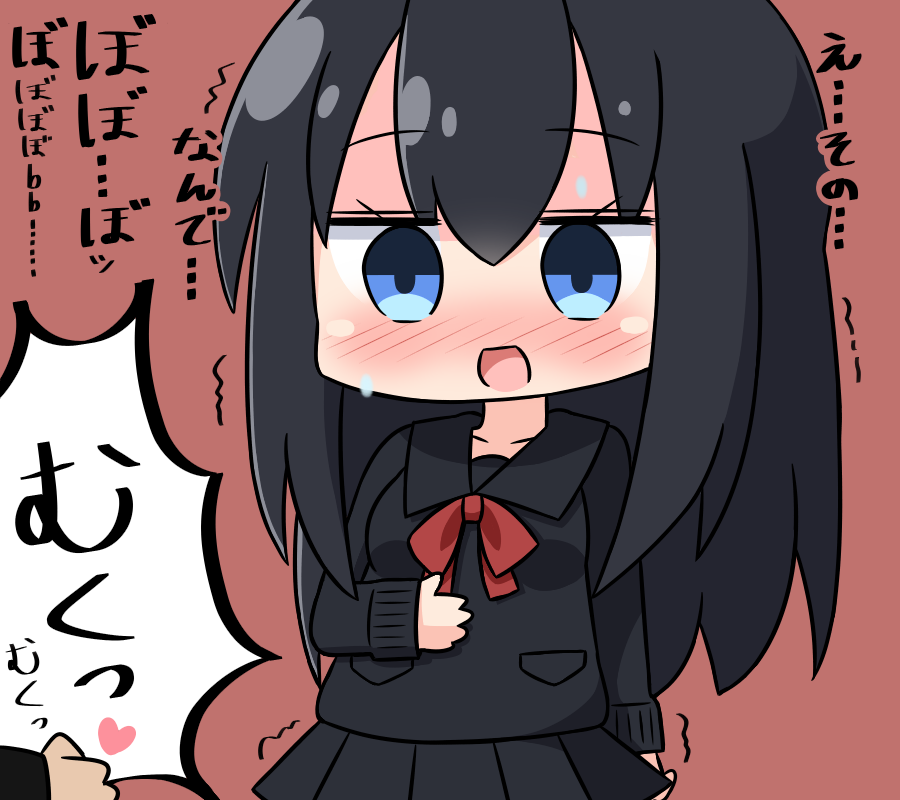 1boy 1girl :d bangs black_hair black_sailor_collar black_serafuku black_skirt blue_eyes blush bow brown_background chibi collarbone eyebrows_visible_through_hair hair_between_eyes hana_kazari hand_on_own_stomach heart long_hair long_sleeves nose_blush open_mouth original out_of_frame pleated_skirt red_bow sailor_collar school_uniform serafuku simple_background skirt smile solo_focus spoken_heart sweat translation_request trembling very_long_hair