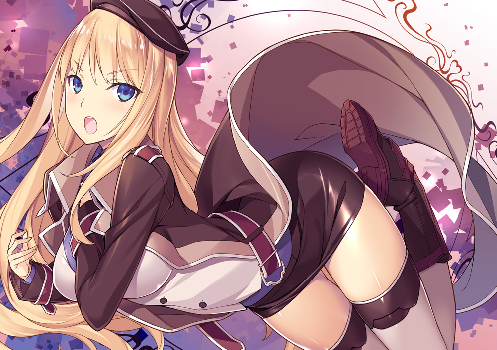 1girl ass bad_anatomy baldr_sky black_footwear black_hat black_jacket blonde_hair blue_eyes full_body grey_legwear hand_up hat jacket kikuchi_seiji kirishima_rain long_hair looking_at_viewer open_mouth purple_background solo thigh-highs very_long_hair