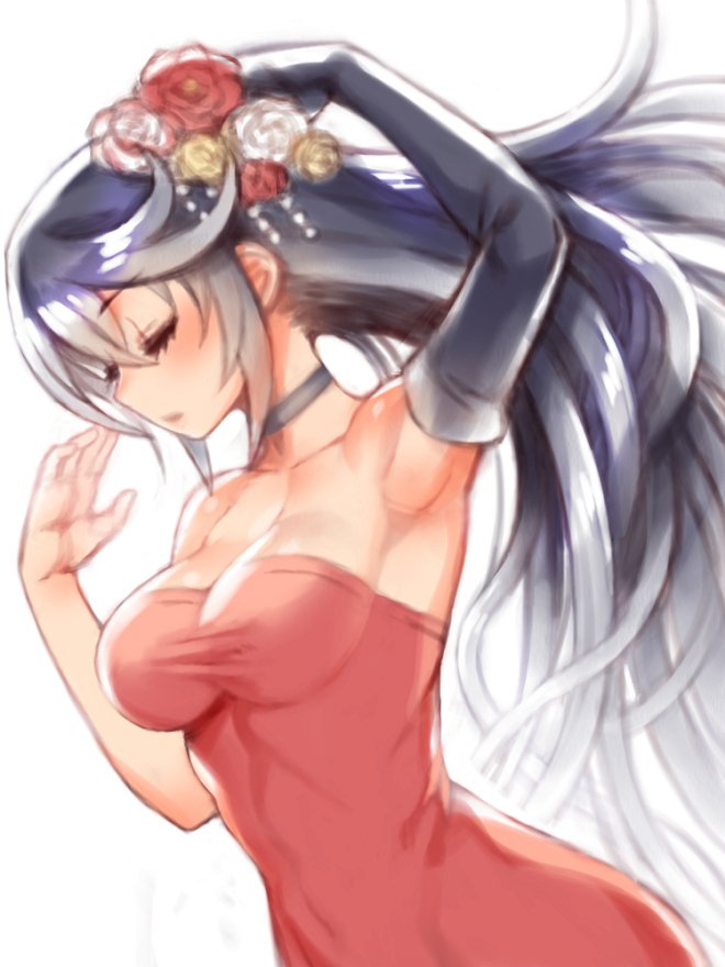 1girl black_hair blush breasts choker closed_eyes dress elbow_gloves folks_(nabokof) formal gloves long_hair medium_breasts ponytail single_glove solo tales_of_(series) tales_of_berseria velvet_crowe very_long_hair