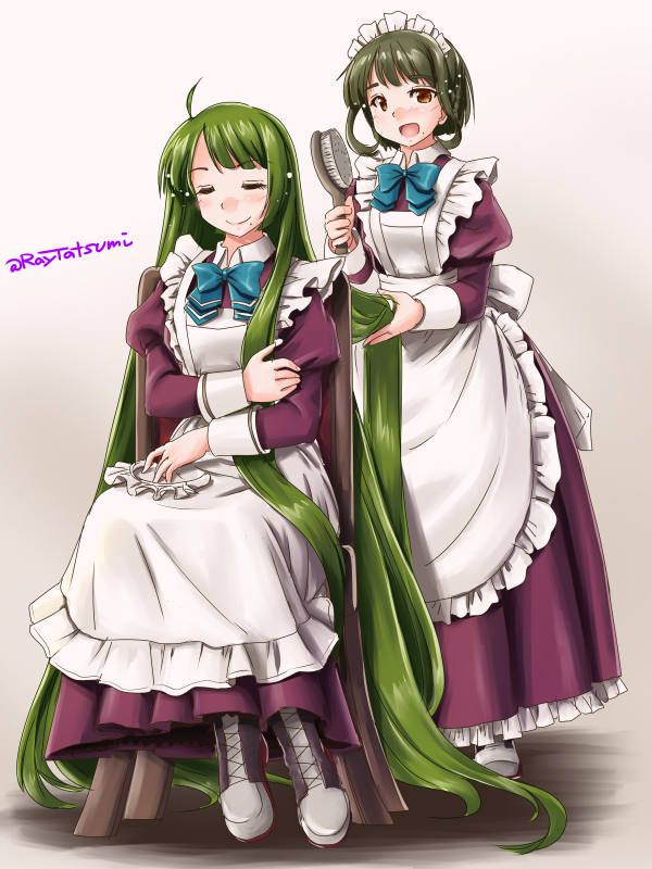 2girls adapted_costume alternate_costume apron blue_ribbon bob_cut boots bow bowtie breasts brown_eyes brown_footwear chair closed_eyes comb cross-laced_footwear dress enmaided eyebrows_visible_through_hair frilled_apron frilled_dress frills full_body gradient gradient_background green_hair grey_background kantai_collection lace-up_boots long_hair long_sleeves looking_at_viewer maid maid_apron maid_headdress medium_breasts mole mole_under_mouth multiple_girls pink_background purple_dress ribbon shirt short_hair_with_long_locks sitting small_breasts takanami_(kantai_collection) tatsumi_ray twitter_username very_long_hair white_apron white_shirt yuugumo_(kantai_collection)