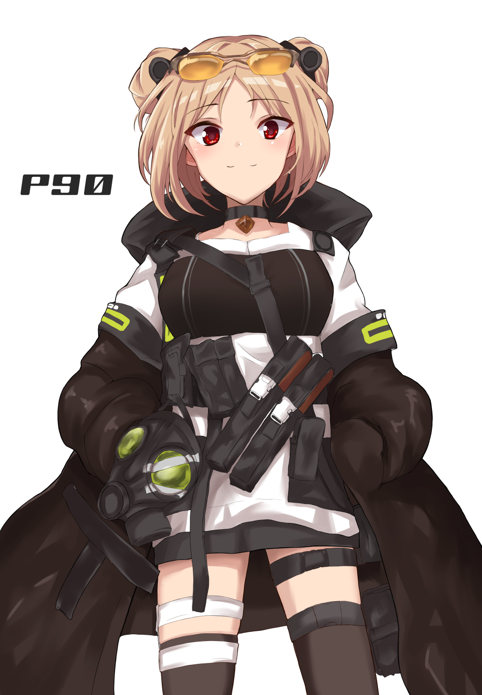 1girl blonde_hair character_name choker commentary cowboy_shot double_bun gas_mask girls_frontline hair_bun hands_in_pockets highres jacket looking_at_viewer magazine_(weapon) military_operator p90_(girls_frontline) pouch red_eyes skirt smile tactical_clothes thigh-highs thigh_strap unnamed