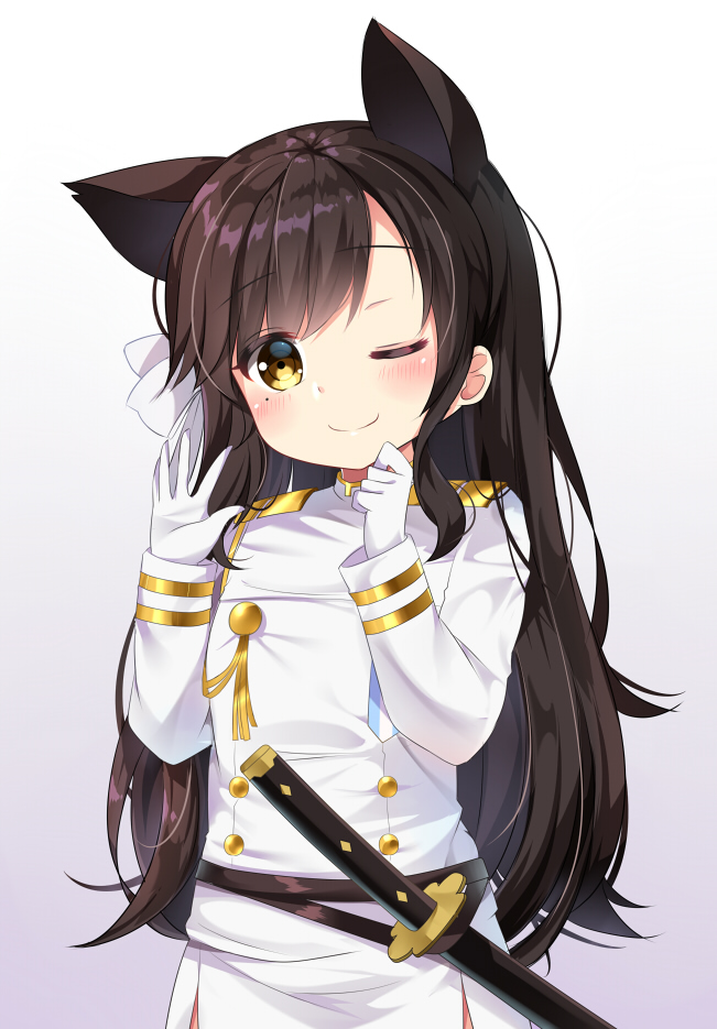 1girl ;) agung_syaeful_anwar animal_ears atago_(azur_lane) azur_lane bangs blush bow brown_eyes brown_hair cat_ears closed_mouth commentary eyebrows_visible_through_hair gloves gradient gradient_background hair_bow hands_up head_tilt jacket katana long_hair long_sleeves looking_at_viewer mole mole_under_eye one_eye_closed pleated_skirt purple_background sheath sheathed skirt sleeves_past_wrists smile solo sword very_long_hair weapon white_background white_bow white_gloves white_jacket white_skirt younger
