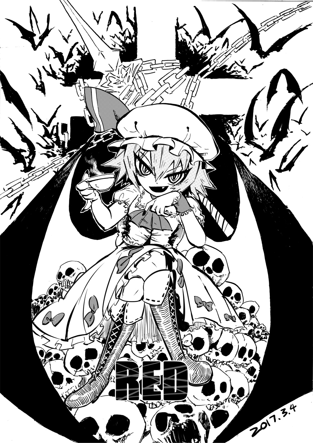 bat bat_wings black_nails blackcat_(pixiv) boots bow chains cross-laced_footwear cup dated dress dress_bow english_text evil_grin evil_smile eyebrows_visible_through_hair fang greyscale grin hair_between_eyes hat highres holding holding_cup lace-up_boots legs_crossed looking_at_viewer mob_cap monochrome nail_polish open_mouth polearm red_eyes remilia_scarlet short_hair short_sleeves sitting skull skull_pile smile spear spear_the_gungnir teacup touhou v-shaped_eyebrows vampire weapon wings wrist_cuffs