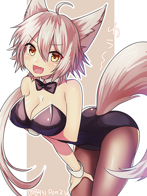 1girl :d ahoge animal_ears bangs bare_shoulders bent_over black_bow black_leotard black_neckwear blush bow bowtie breast_hold breasts brown_legwear cleavage detached_collar eyebrows_visible_through_hair eyes_visible_through_hair fang fox_ears fox_girl fox_tail hair_between_eyes hakusai_ponzu large_breasts legs_together leotard looking_at_viewer open_mouth original outline pantyhose short_hair silver_hair smile solo strapless strapless_leotard tail twitter_username v-shaped_eyebrows wavy_mouth white_outline wrist_cuffs yellow_eyes