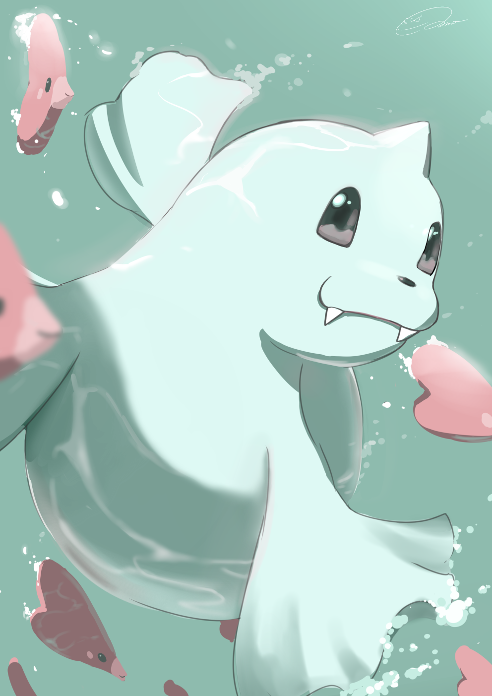 air_bubble brown_eyes bubble closed_mouth commentary_request dewgong fangs fangs_out highres koma_nezumi looking_to_the_side luvdisc no_humans pokemon pokemon_(creature) smile underwater