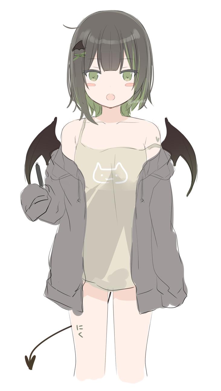 1girl :o arm_at_side black_wings blush_stickers brown_camisole brown_hair camisole commentary_request demon_girl demon_tail demon_wings drawstring green_eyes green_hair grey_jacket hair_ornament hairclip highres holding hood hood_down hooded_jacket jacket long_sleeves mafuyu_(chibi21) multicolored_hair no_pants off_shoulder open_clothes open_jacket open_mouth original sleeves_past_fingers sleeves_past_wrists solo streaked_hair tail twitter_username two-tone_hair wing_hair_ornament wings x_hair_ornament