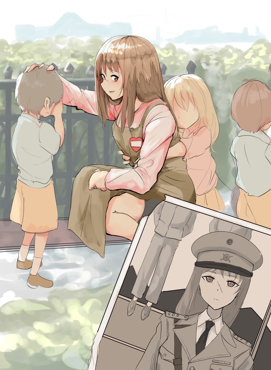 apron blonde_hair brown_hair crouch crouching emotionless epaulettes execution executioner eyebrows_visible_through_hair faceless faceless_child faceless_female female female_soldier fence hanged hanging happy hat head_pat head_patting headpat highres hug hug_from_behind kindergarten_teacher long_hair long_sleeves military military_hat military_uniform original peaceful peaked_cap photo_(object) red_eyes revenge scar scar_on_nose sitting smile soldier squatting take_(trude1945oneetyan) uniform