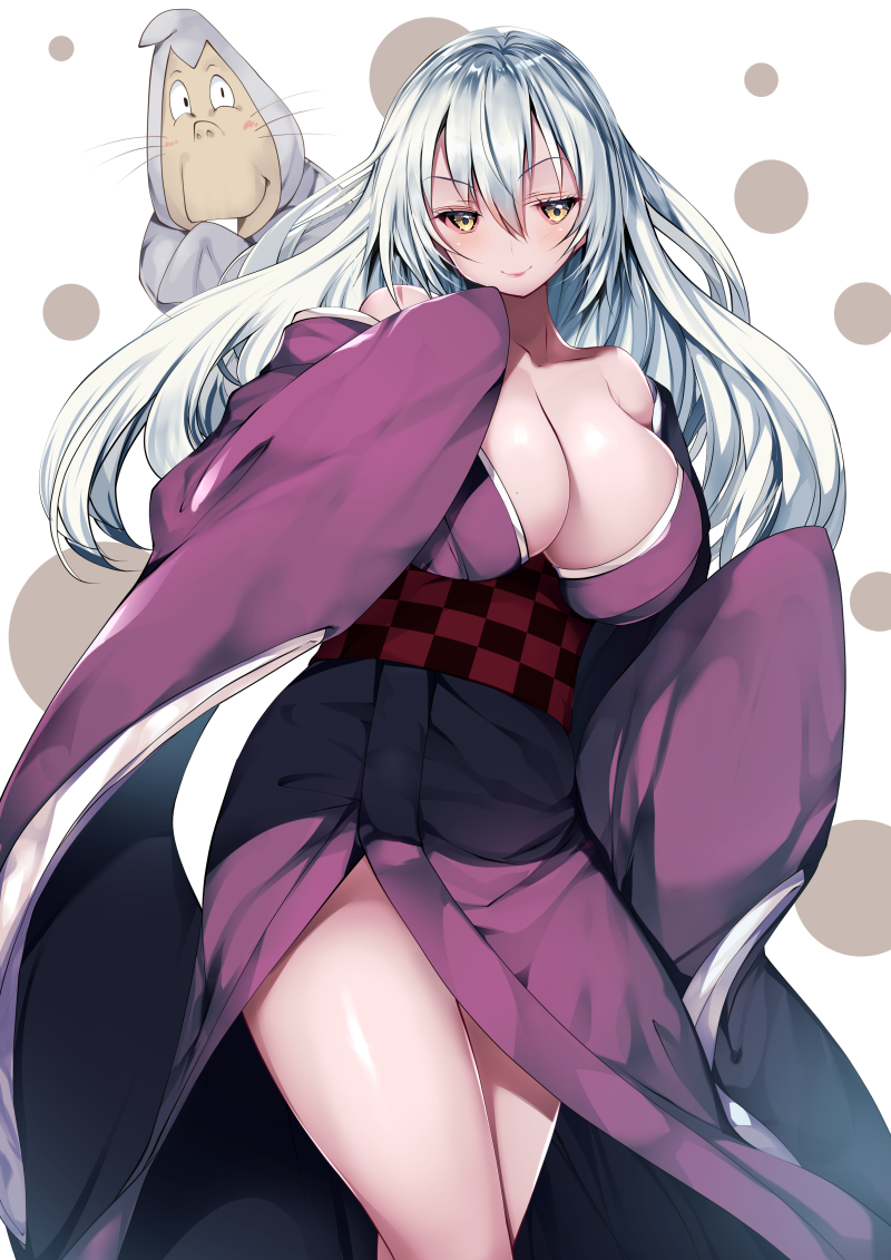 1boy 1girl breasts checkered checkered_obi cleavage closed_mouth collarbone commentary_request eyebrows_visible_through_hair gegege_no_kitarou hair_between_eyes japanese_clothes kimono large_breasts long_hair long_sleeves looking_at_viewer nezumi_otoko obi purple_kimono sash silver_hair sleeves_past_fingers sleeves_past_wrists smile standing sunakake_babaa tamiya_akito thighs wide_sleeves yellow_eyes