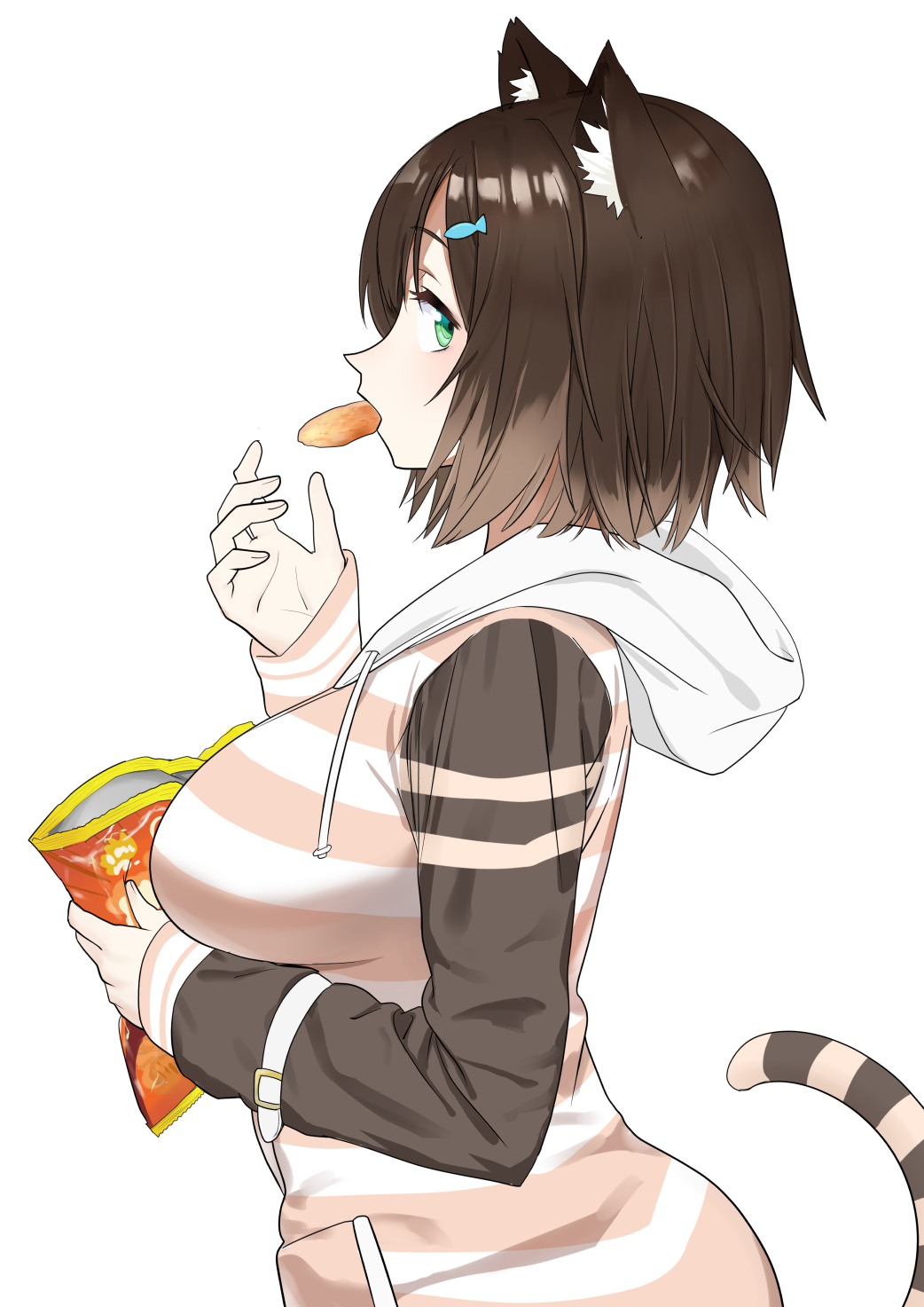 1girl animal_ears brown_hair cat_ears cat_tail chips eating fish_hair_ornament food from_side fumino_tamaki green_eyes hair_ornament highres hood hoodie long_sleeves looking_at_viewer momosuke_(ishakry) nijisanji potato_chips raglan_sleeves short_hair simple_background solo tail virtual_youtuber white_background