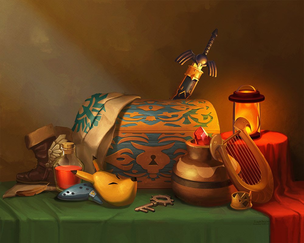 commentary dave_pollot english_commentary fox_mask indoors instrument jar key lantern lyre mask master_sword nintendo no_humans ocarina potion realistic rupee sheath sheathed still_life sword table the_legend_of_zelda treasure_chest weapon