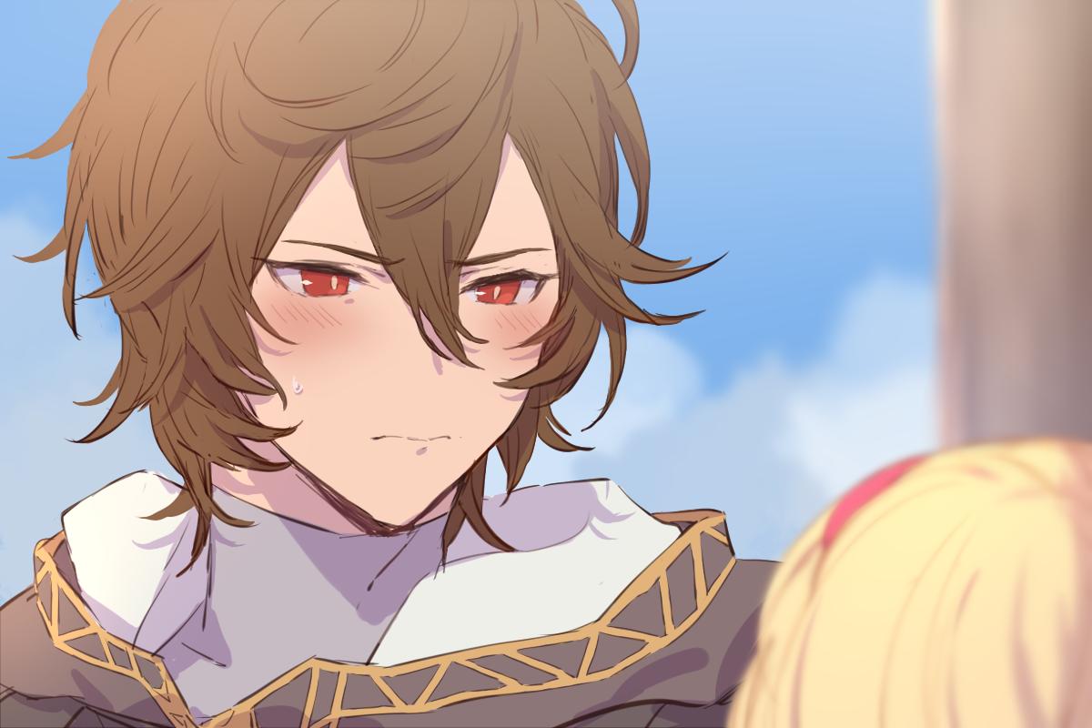 1boy 1girl armor blonde_hair blue_sky blush brown_hair djeeta_(granblue_fantasy) granblue_fantasy hairband hood hood_down sandalphon_(granblue_fantasy) short_hair sky sweatdrop