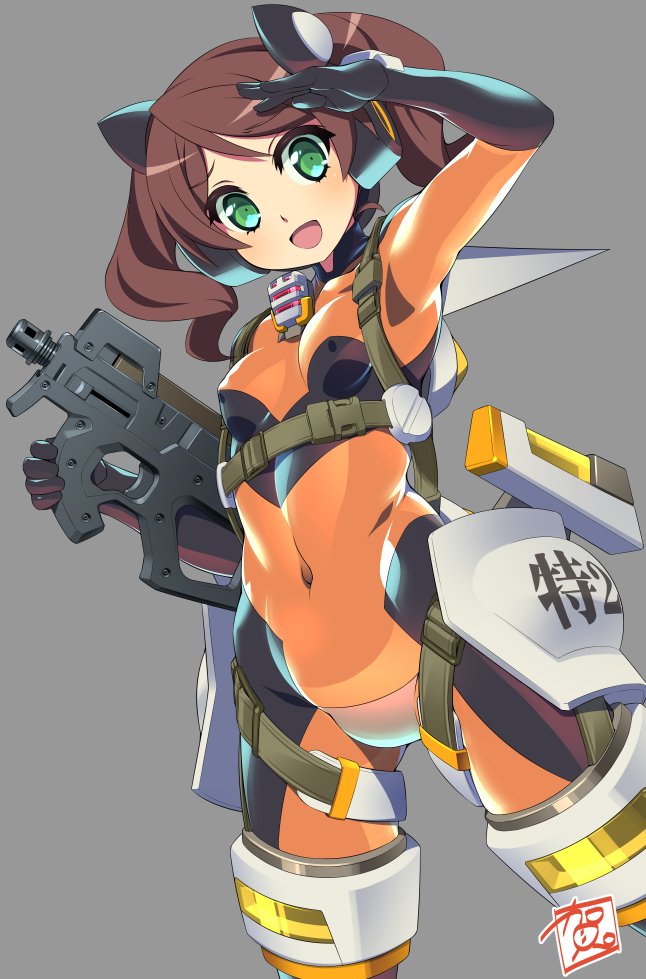 1girl blush bodysuit breasts commentary_request covered_navel covered_nipples eyebrows_visible_through_hair green_eyes gummyrise gun hair_ornament headgear itaba_yumi long_hair looking_at_viewer medium_breasts multicolored multicolored_bodysuit multicolored_clothes open_mouth orange_bodysuit salute senki_zesshou_symphogear shiny shiny_clothes shiny_hair simple_background skin_tight small_breasts smile solo standing twintails weapon