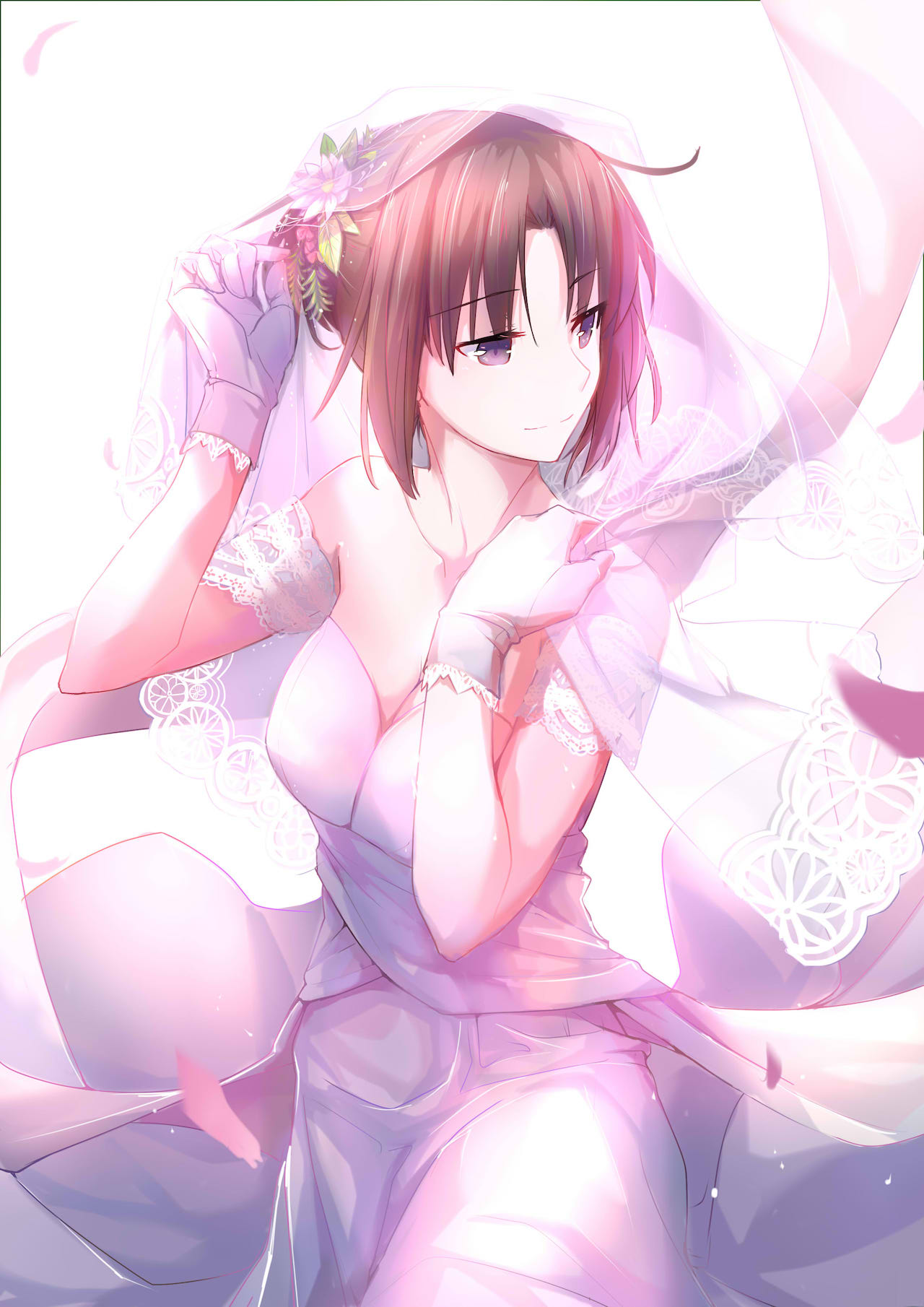 1girl bare_shoulders blue_eyes blush breasts bride brown_hair collarbone dress flower gloves hair_ornament hair_up highres holding kara_no_kyoukai lace lace-trimmed_dress lace-trimmed_gloves light_particles looking_away medium_breasts off-shoulder_dress off_shoulder petals pin.s ryougi_shiki see-through short_hair smile solo veil violet_eyes wedding_dress white_dress white_gloves wind wind_lift