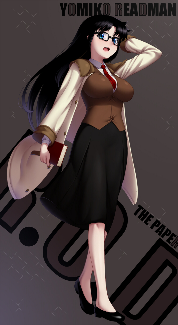 1girl amase_(yagami666) black_hair black_skirt blue_eyes blush book breasts character_name copyright_name full_body glasses highres large_breasts long_hair long_skirt looking_at_viewer necktie open_clothes open_mouth paper read_or_die red_neckwear shirt skirt solo yomiko_readman