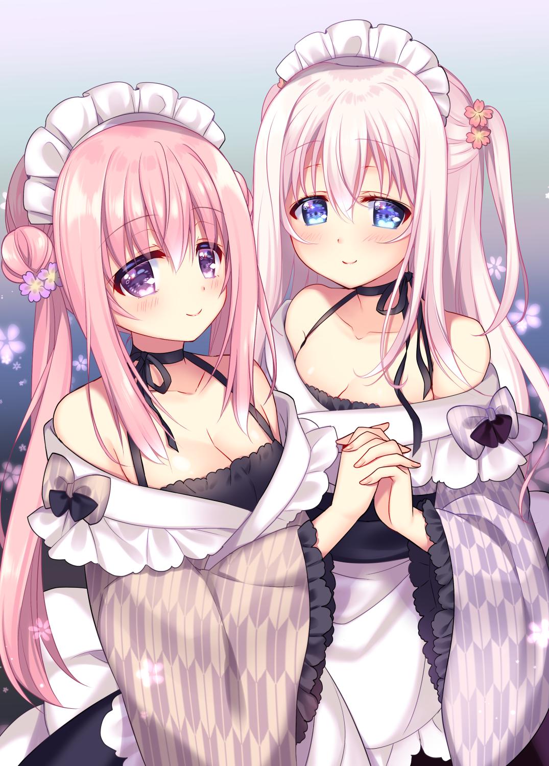 2girls bangs bare_shoulders blue_eyes blush breasts cleavage collarbone commentary_request double_bun eyebrows_visible_through_hair floral_background flower hair_between_eyes hair_flower hair_ornament hand_holding highres japanese_clothes kayura_yuka long_hair long_sleeves looking_at_viewer maid_headdress medium_breasts multiple_girls one_side_up original pink_hair ringo_sui sidelocks smile twintails violet_eyes