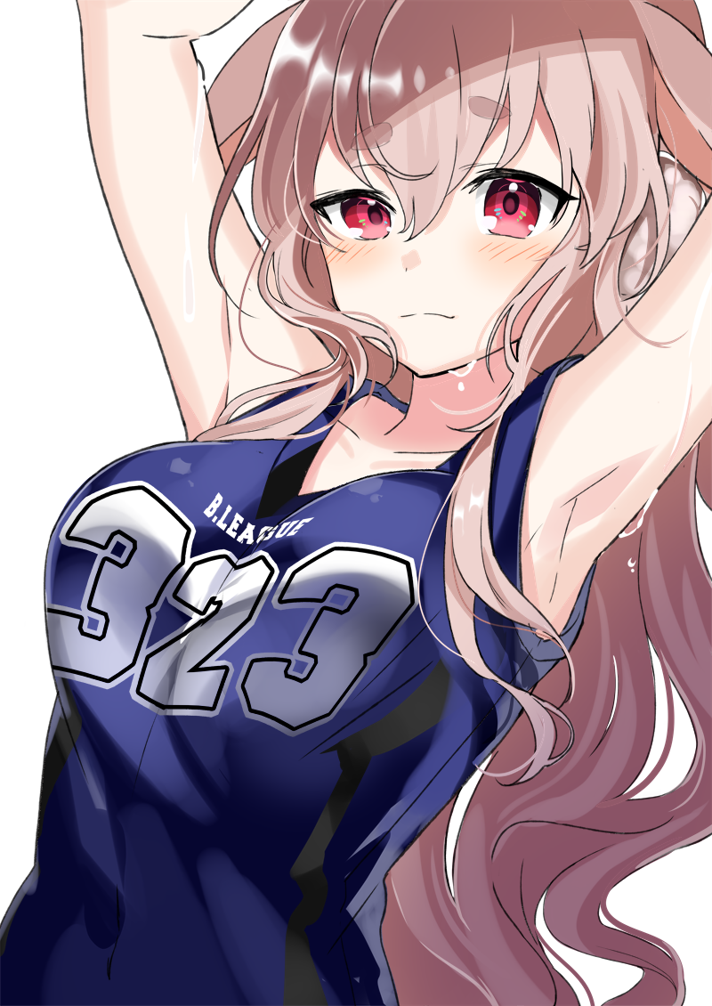 .live 1girl animal_ears armpits arms_up bangs bare_arms bare_shoulders blue_shirt blush breasts brown_hair closed_mouth clothes_writing collarbone hair_between_eyes jersey large_breasts long_hair looking_at_viewer mokota_mememe motsunuki red_eyes shirt simple_background sleeveless sleeveless_shirt solo sportswear sweat thick_eyebrows uneven_eyes upper_body virtual_youtuber wavy_hair white_background