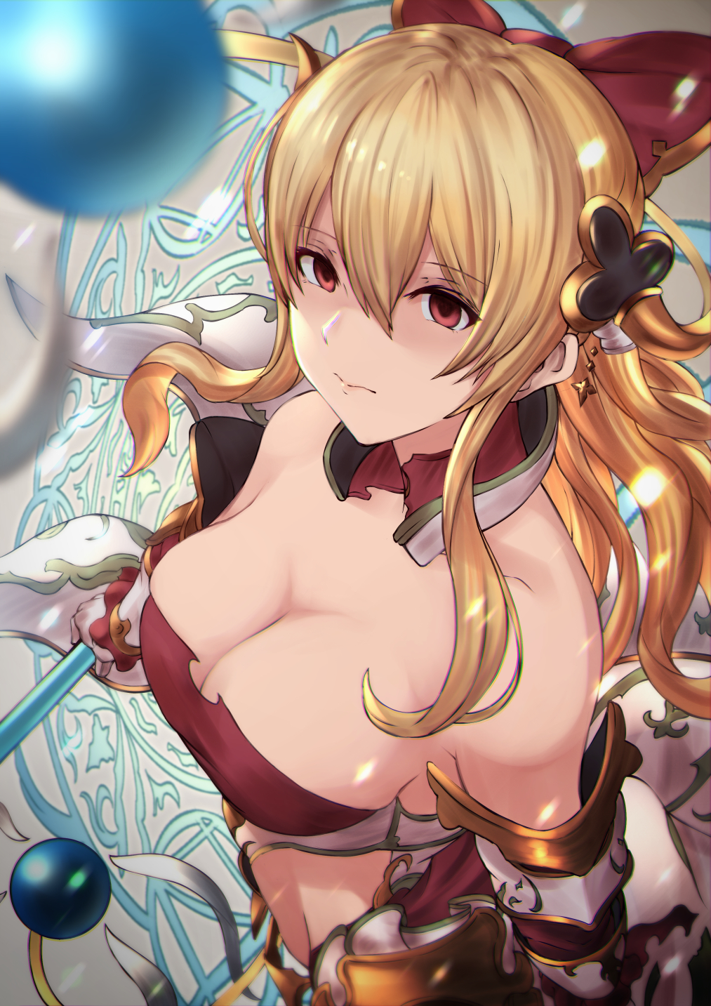 1girl blonde_hair bow breasts cleavage detached_sleeves empty_eyes granblue_fantasy haido_(ryuuno_kanzume) hair_bow highres holding holding_weapon large_breasts midriff red_eyes vira_lilie weapon