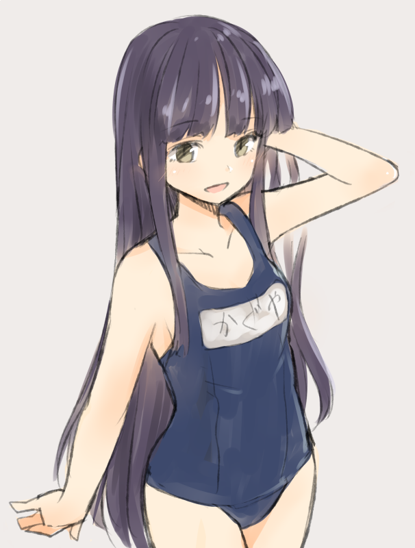 1girl arm_up bangs bare_arms bare_shoulders black_hair blue_swimsuit blunt_bangs breasts collarbone commentary_request cowboy_shot eyebrows_visible_through_hair grey_background grey_eyes hand_in_hair houraisan_kaguya long_hair looking_at_viewer miyo_(ranthath) name_tag one-piece_swimsuit open_mouth school_swimsuit sidelocks simple_background small_breasts smile solo standing swimsuit thighs touhou translated very_long_hair