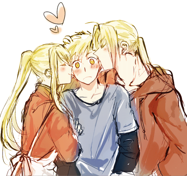 &gt;_&lt; 1girl 2boys ^_^ alphonse_elric apron blonde_hair blush blush_stickers brothers closed_eyes closed_eyes commentary_request edward_elric embarrassed eyebrows_visible_through_hair fullmetal_alchemist hand_on_another's_arm hand_on_another's_head heart height_difference hood hood_down hooded_jacket hoodie jacket long_hair long_sleeves looking_away multiple_boys nervous ponytail profile sandwiched short_hair siblings simple_background standing sweatdrop tsukuda0310 upper_body v-shaped_eyebrows white_background wide-eyed winry_rockbell yellow_eyes