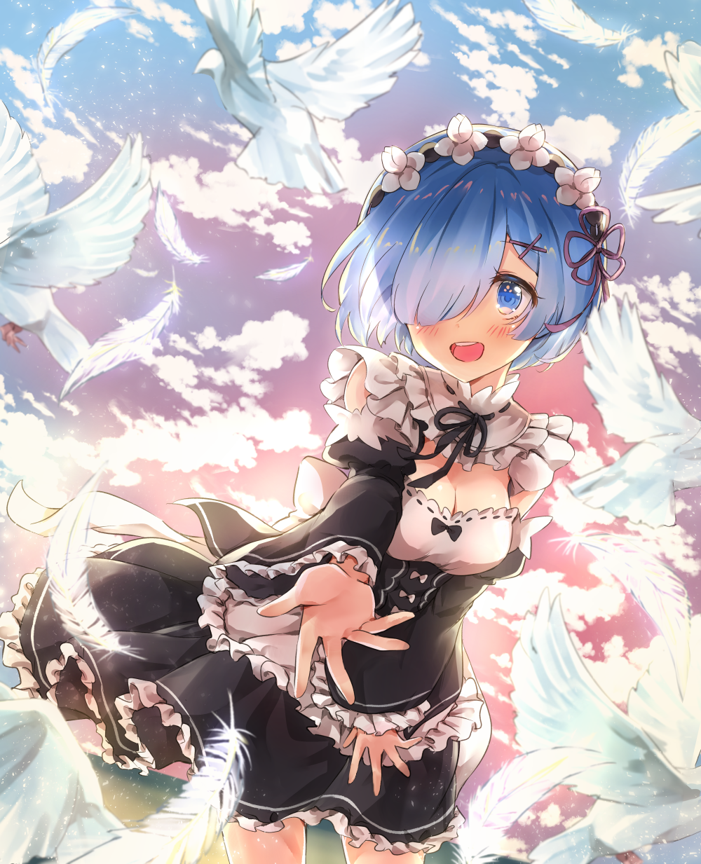 1girl :d apron black_ribbon black_skirt black_sleeves blue_eyes blue_hair blush breasts choker cleavage cowboy_shot detached_sleeves flower frilled_apron frilled_skirt frilled_sleeves frills hair_flower hair_ornament hair_over_one_eye hair_ribbon head_wreath highres long_sleeves looking_at_viewer medium_breasts melings_(aot2846) miniskirt neck_ribbon open_mouth purple_ribbon re:zero_kara_hajimeru_isekai_seikatsu rem_(re:zero) ribbon short_hair skirt smile solo standing waist_apron white_apron white_feathers white_flower