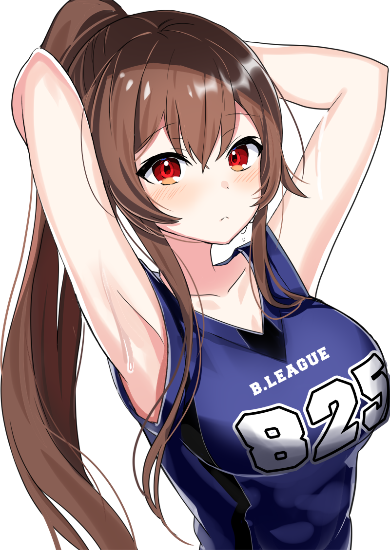 .live 1girl :&lt; armpits arms_behind_head arms_up bangs bare_arms bare_shoulders blue_shirt blush breasts brown_hair closed_mouth clothes_writing collarbone hair_between_eyes jersey large_breasts long_hair looking_at_viewer motsunuki ponytail red_eyes shirt sidelocks simple_background sleeveless sleeveless_shirt solo sportswear sweat upper_body virtual_youtuber white_background yaezawa_natori