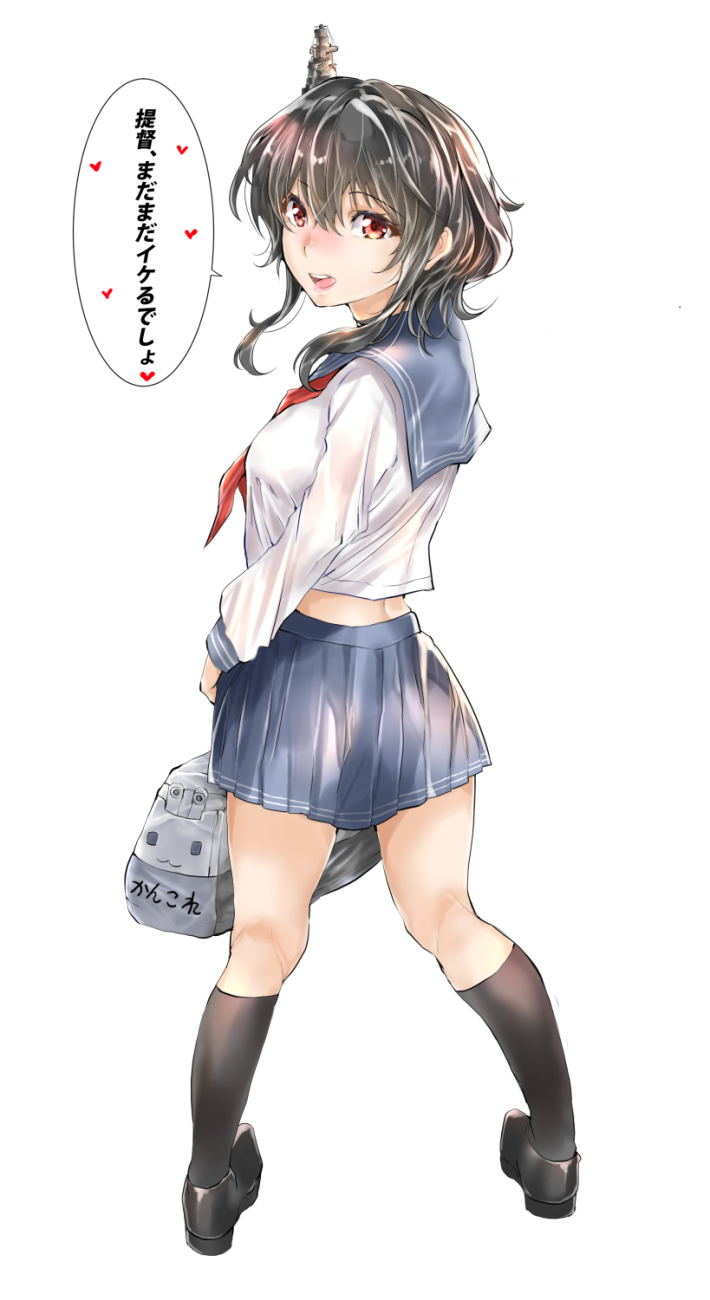 1girl alternate_costume bag black_footwear black_hair black_legwear blue_sailor_collar blue_skirt commentary_request from_behind full_body hair_ornament heart highres holding holding_bag kantai_collection kneehighs loafers long_sleeves looking_back pleated_skirt red_eyes sailor_collar school_uniform serafuku shirt shoes short_hair short_hair_with_long_locks skirt solo speech_bubble spoken_heart standing tororo_ten translation_request white_shirt yamashiro_(kantai_collection)