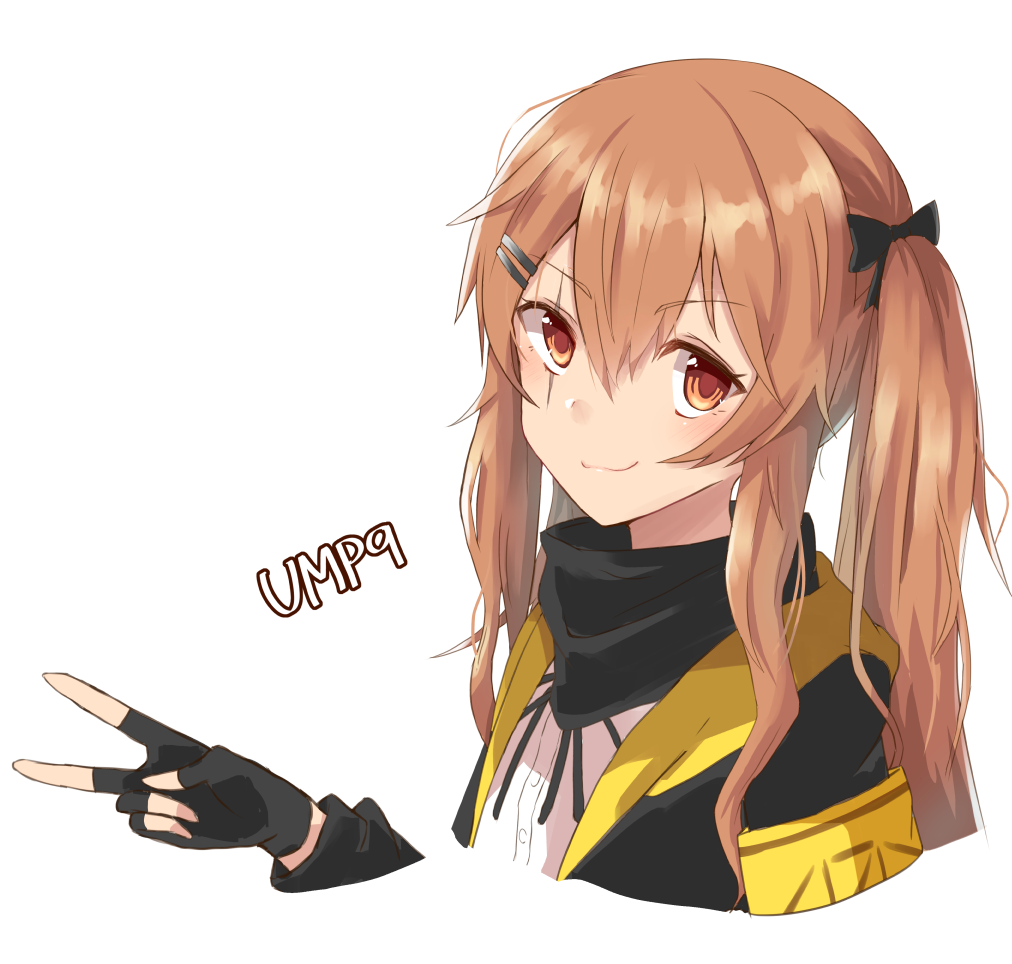 1girl armband brown_eyes brown_hair character_name commentary commentary_request eyebrows eyebrows_visible_through_hair fingerless_gloves girls_frontline gloves hair_ornament hair_ribbon hairclip looking_at_viewer ribbon scar scar_across_eyes simple_background smile solo twintails ump9_(girls_frontline) unnamed v