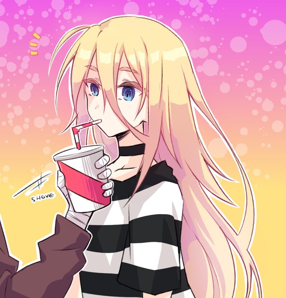 1boy 1girl bandage blonde_hair blue_eyes brown_sweater collarbone drinking drinking_straw eyebrows_visible_through_hair hair_between_eyes isaac_foster long_hair long_sleeves mao_(expuella) rachel_gardner satsuriku_no_tenshi shiny shiny_hair shirt short_sleeves striped striped_shirt sweater very_long_hair