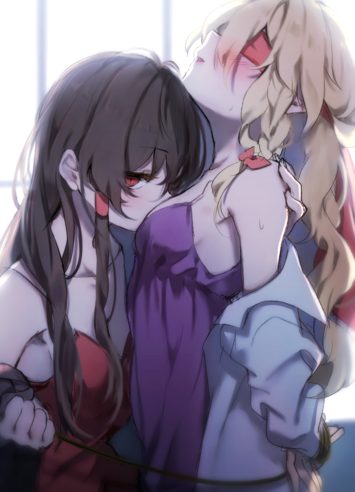 2girls arms_behind_back bangs bare_shoulders black_hair blindfold blonde_hair blush bound bound_wrists breasts collarbone commentary_request dress eyebrows_visible_through_hair hair_tubes hairband hakurei_reimu kirisame_marisa long_hair long_sleeves looking_at_viewer multiple_girls no_hat no_headwear off_shoulder open_clothes open_shirt parted_lips piyokichi purple_dress red_dress red_eyes shirt sidelocks small_breasts spaghetti_strap touhou upper_body white_shirt window yuri