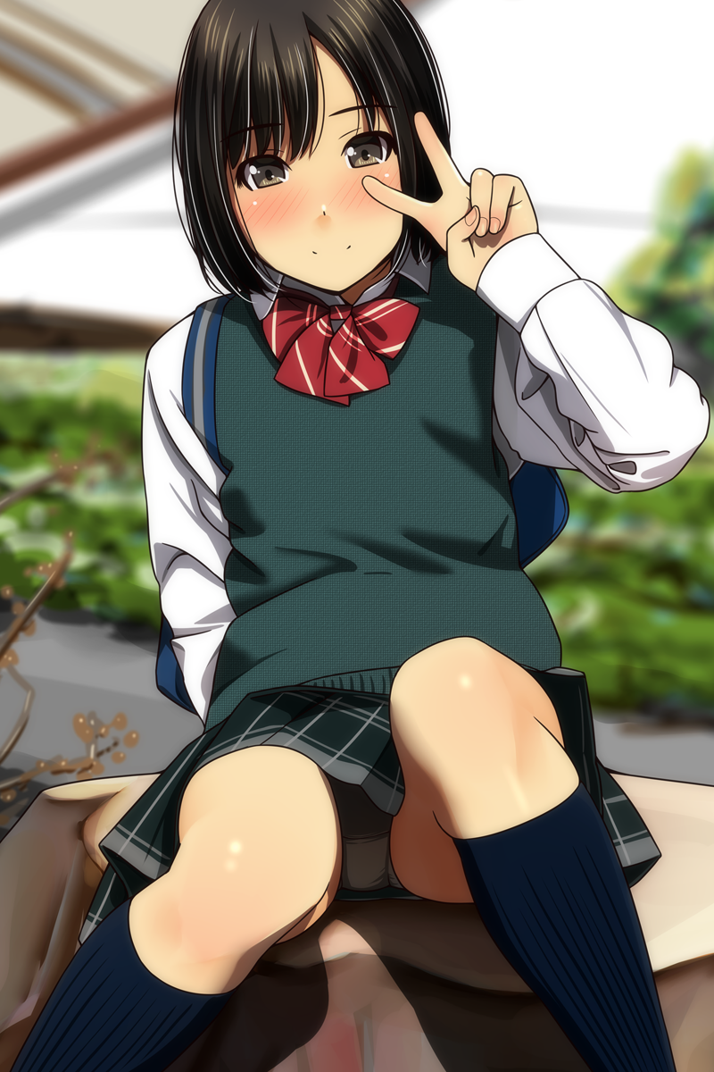 1girl backpack bag bangs black_skirt blurry blurry_background blush bow brown_eyes brown_hair closed_mouth collared_shirt commentary_request depth_of_field diagonal_stripes eyebrows_visible_through_hair hand_up highres kneehighs leaning_to_the_side long_sleeves matsunaga_kouyou navy_blue_legwear nose_blush original panties pleated_skirt red_bow shirt sitting skirt smile solo striped striped_bow sweater_vest tree_stump underwear v white_panties white_shirt