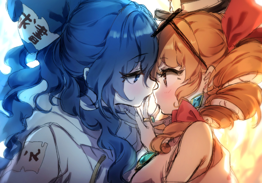 2girls blue_earrings blue_eyes blue_hair brown_eyes drill_hair eye_contact eyebrows_visible_through_hair hat incest jewelry long_hair looking_at_another multiple_girls orange_hair piyokichi ring siblings sisters sketch sleeveless touhou twin_drills upper_body yorigami_jo'on yorigami_shion yuri