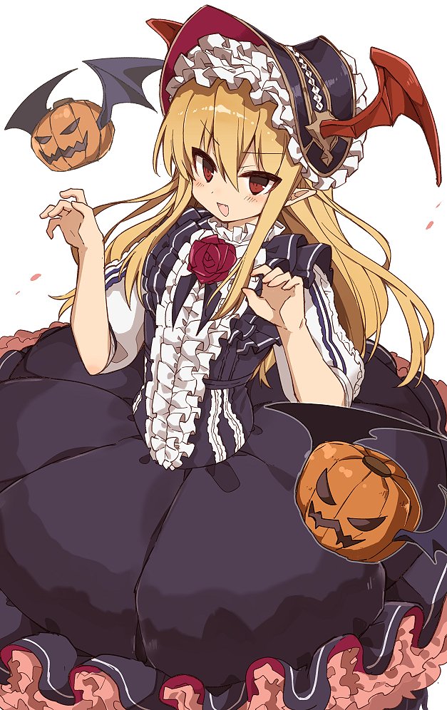 1girl bat bat_wings blonde_hair blush bonnet center_frills claw_pose dress fang flower frilled_dress frilled_headband frilled_skirt frilled_sleeves frills gothic_lolita hair_between_eyes hair_ornament head_wings jack-o'-lantern lolita_fashion long_hair looking_at_viewer murakami_meishi open_mouth petticoat pointy_ears puffy_sleeves purple_dress red_eyes red_flower red_rose rose shingeki_no_bahamut skirt smile solo_focus vampy wings