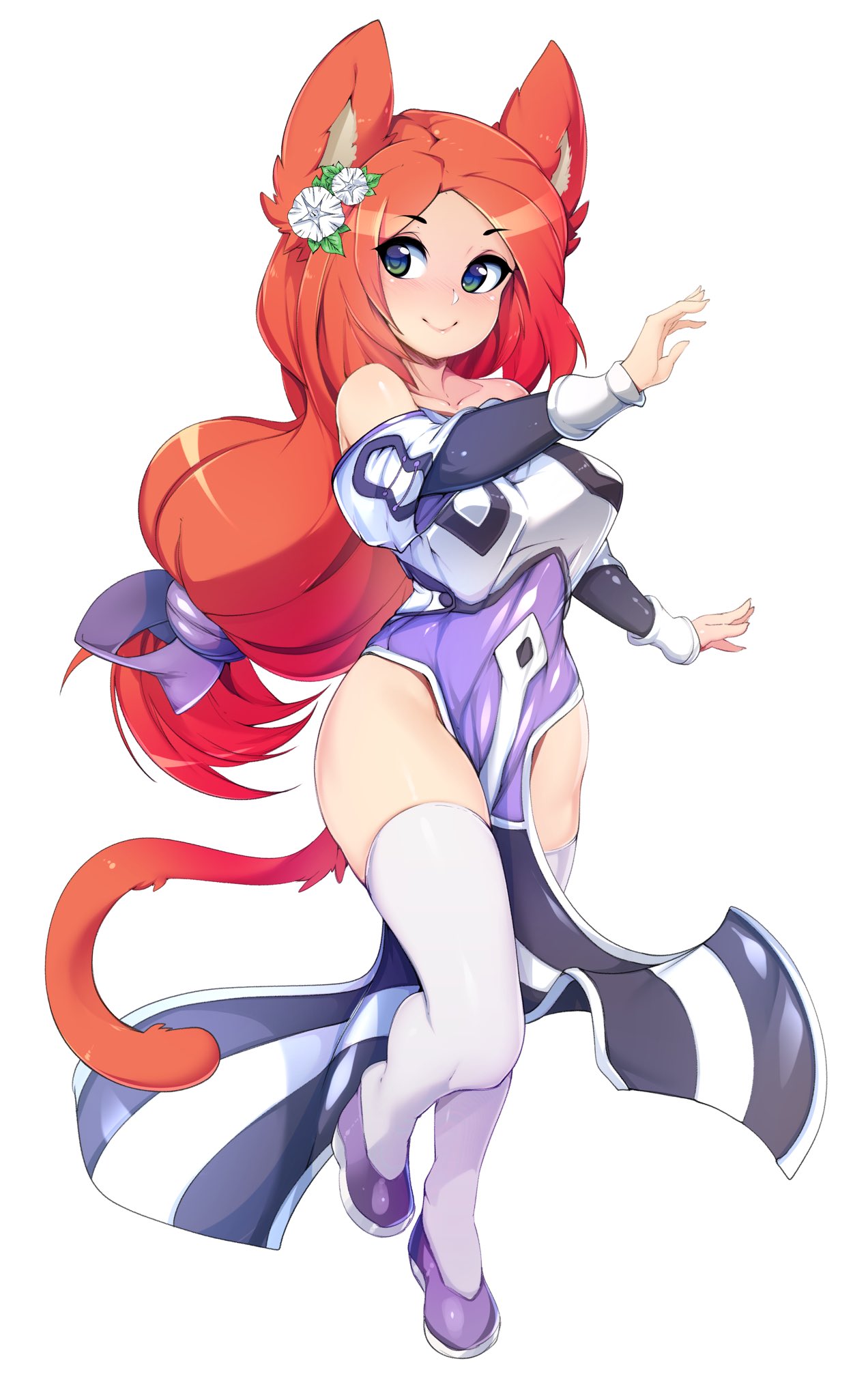 1girl animal_ears bare_shoulders cat_ears cat_tail character_request closed_mouth collarbone copyright_request flower full_body green_eyes hair_flower hair_ornament highres long_hair redhead simple_background slugbox smile solo standing tail thigh-highs white_background white_legwear