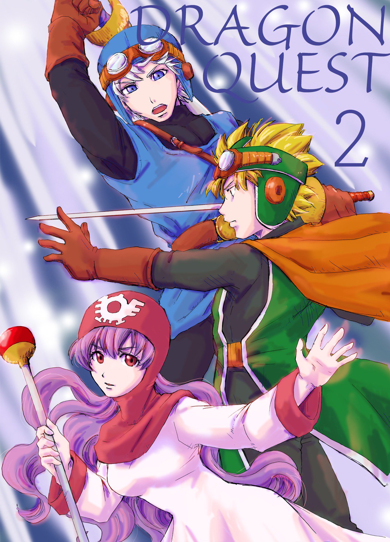 1girl 2boys belt blonde_hair blue_eyes breasts cape closed_mouth commentary_request dragon_quest dragon_quest_ii dress gloves goggles goggles_on_head goggles_on_headwear hat highres hood hood_up long_hair looking_at_viewer luna998 multiple_boys open_mouth prince_of_lorasia prince_of_samantoria princess princess_of_moonbrook purple_hair red_eyes robe spiky_hair sword weapon white_robe