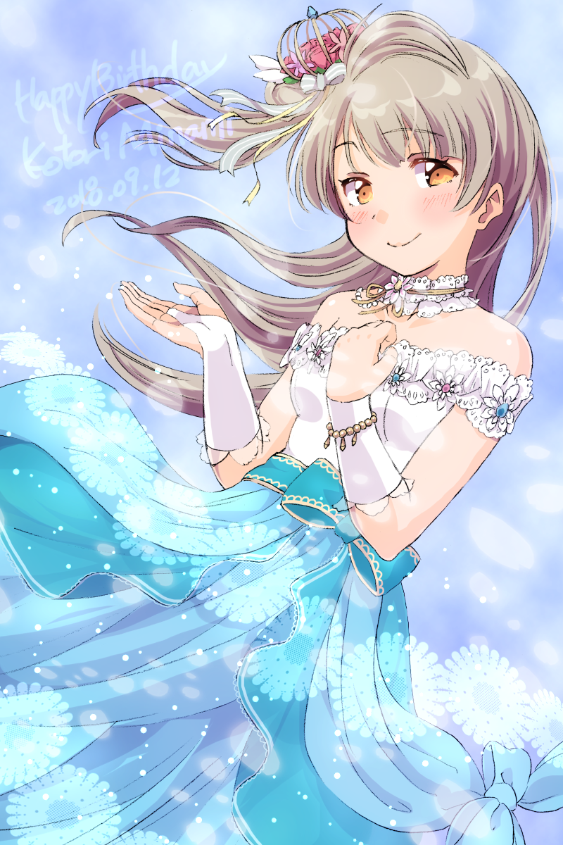 1girl bangs blue_background blue_skirt blush bracelet brown_eyes character_name clenched_hand crown dated detached_collar flower frilled_shirt_collar frills grey_hair hair_flower hair_ornament hair_ribbon hand_on_own_chest happy_birthday highres jewelry long_hair looking_at_viewer love_live! love_live!_school_idol_project minami_kotori one_side_up pink_flower ribbon sash sen_(sen0910) shirt single_arm_warmer single_bridal_gauntlet skirt smile solo striped striped_ribbon white_shirt