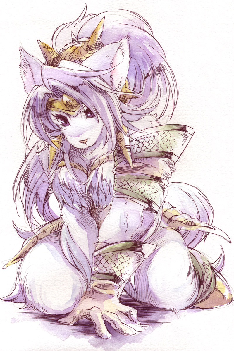 1girl absurdly_long_hair animal_ear_fluff animal_ears armor big_hair boots breasts cleavage closed_mouth collarbone colored_eyelashes ears eyebrows eyelashes face full_body fur fur_collar fur_trim furry highres holster horn kneeling legend_of_mana long_hair looking_at_viewer nan_2525 purple_hair seiken_densetsu sheath sheathed shoulder_armor sierra simple_background solo tail thick_eyebrows upper_body very_long_hair violet_eyes white_background wolf_ears wolf_girl wolf_tail