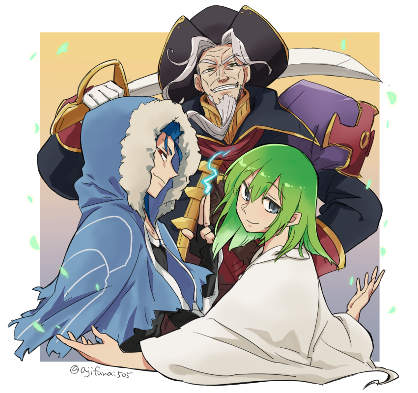 1other 2boys asaya_minoru beard black_gloves black_hat black_jacket blue_capelet blue_eyes blue_hair capelet character_request closed_mouth cu_chulainn_(fate/grand_order) cutlass_(sword) elbow_gloves enkidu_(fate/strange_fake) facial_hair fate/grand_order fate/strange_fake fate_(series) fingerless_gloves fur-trimmed_hood fur_trim gloves green_hair grey_hair grin hand_on_hip hand_up hat head_tilt holding holding_sword holding_weapon hood hood_up hooded_capelet jacket lancer long_sleeves looking_at_viewer multiple_boys open_clothes open_jacket petals profile red_eyes robe smile sword twitter_username v-shaped_eyebrows weapon white_gloves white_robe