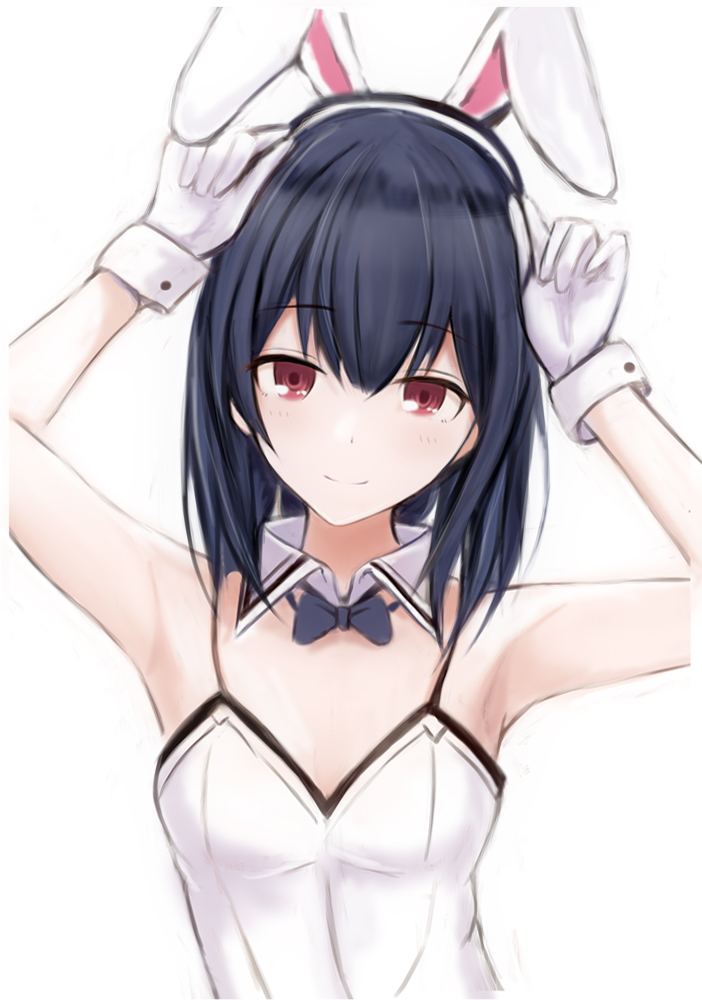 1girl animal_ears armpits bare_arms bare_shoulders black_hair breasts bunny_girl bunnysuit closed_mouth detached_collar fake_animal_ears gloves hairband hands_up idolmaster idolmaster_shiny_colors leotard long_hair looking_at_viewer morino_rinze nannacy7 rabbit_ears red_eyes simple_background small_breasts smile solo spaghetti_strap upper_body white_background white_gloves white_leotard