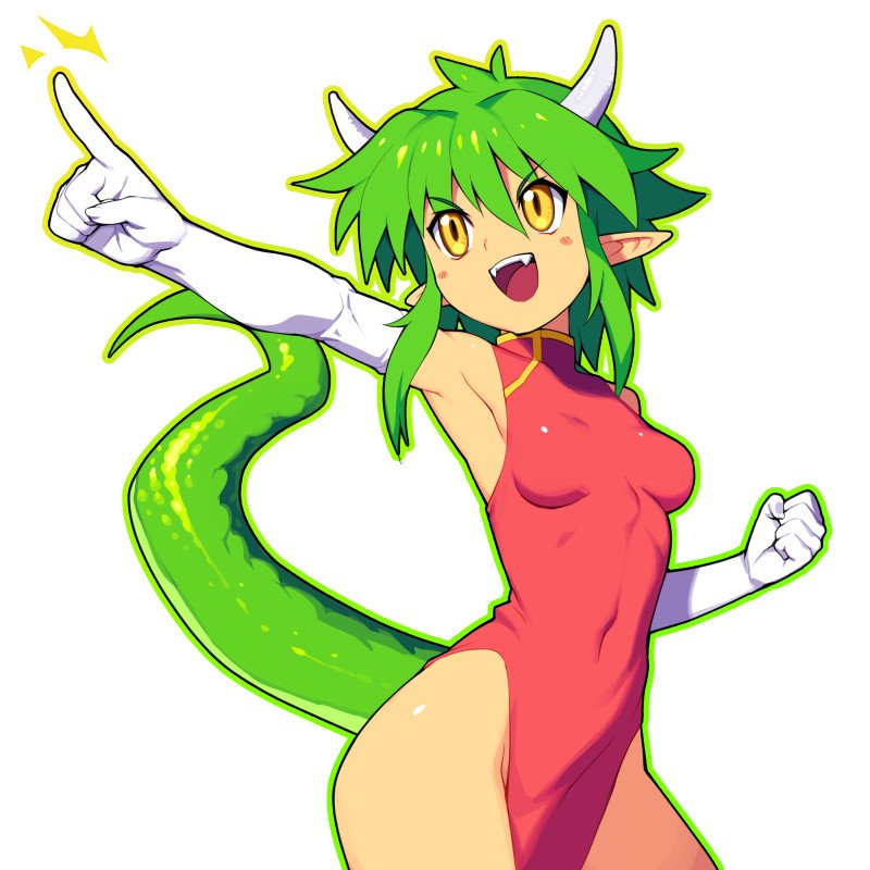 1girl :d armpits breasts character_request china_dress chinese_clothes clenched_hand copyright_request covered_navel dragon_girl dragon_horns dragon_tail dress elbow_gloves eyebrows_visible_through_hair fangs gloves green_hair hair_between_eyes horns medium_breasts metata open_mouth pointy_ears red_dress short_hair simple_background smile solo tail teeth white_background white_gloves yellow_eyes