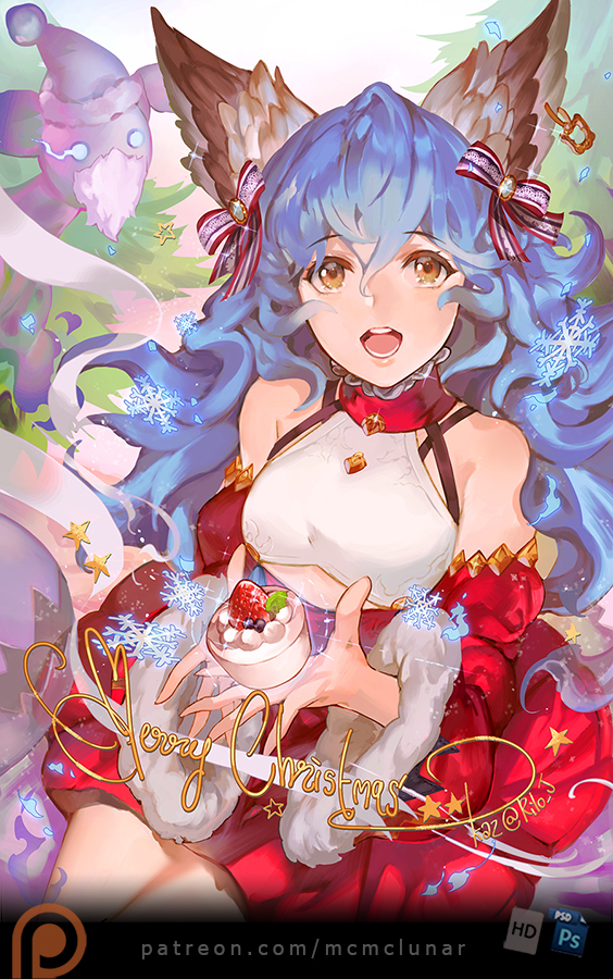 1girl animal_ears backless_outfit bare_back belt black_gloves blue_hair blue_skirt breasts brown_eyes cape christmas earrings erune ferry_(granblue_fantasy) gloves granblue_fantasy hoop_earrings jewelry long_hair loose_belt raya_na_chiangmai sideboob single_earring skirt small_breasts solo wavy_hair whip yellow_eyes