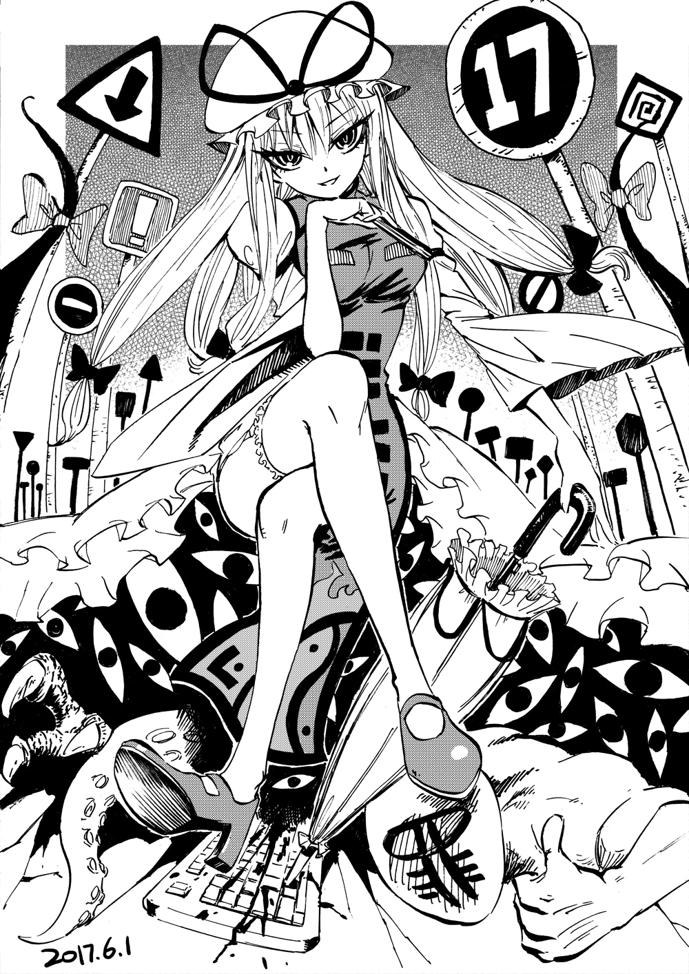 1boy 1girl blackcat_(pixiv) blood breasts clothed_female_nude_male eyes greyscale hair_ribbon high_heels highres keyboard keyboard_(computer) legs_crossed long_hair looking_at_viewer mary_janes medium_breasts monochrome muscle nude parasol ribbon road_sign shoes sign sin_sack slim_legs smile tabard tentacle thigh-highs thumbs_up touhou translation_request umbrella v-shaped_eyebrows white_legwear wide_sleeves yakumo_yukari