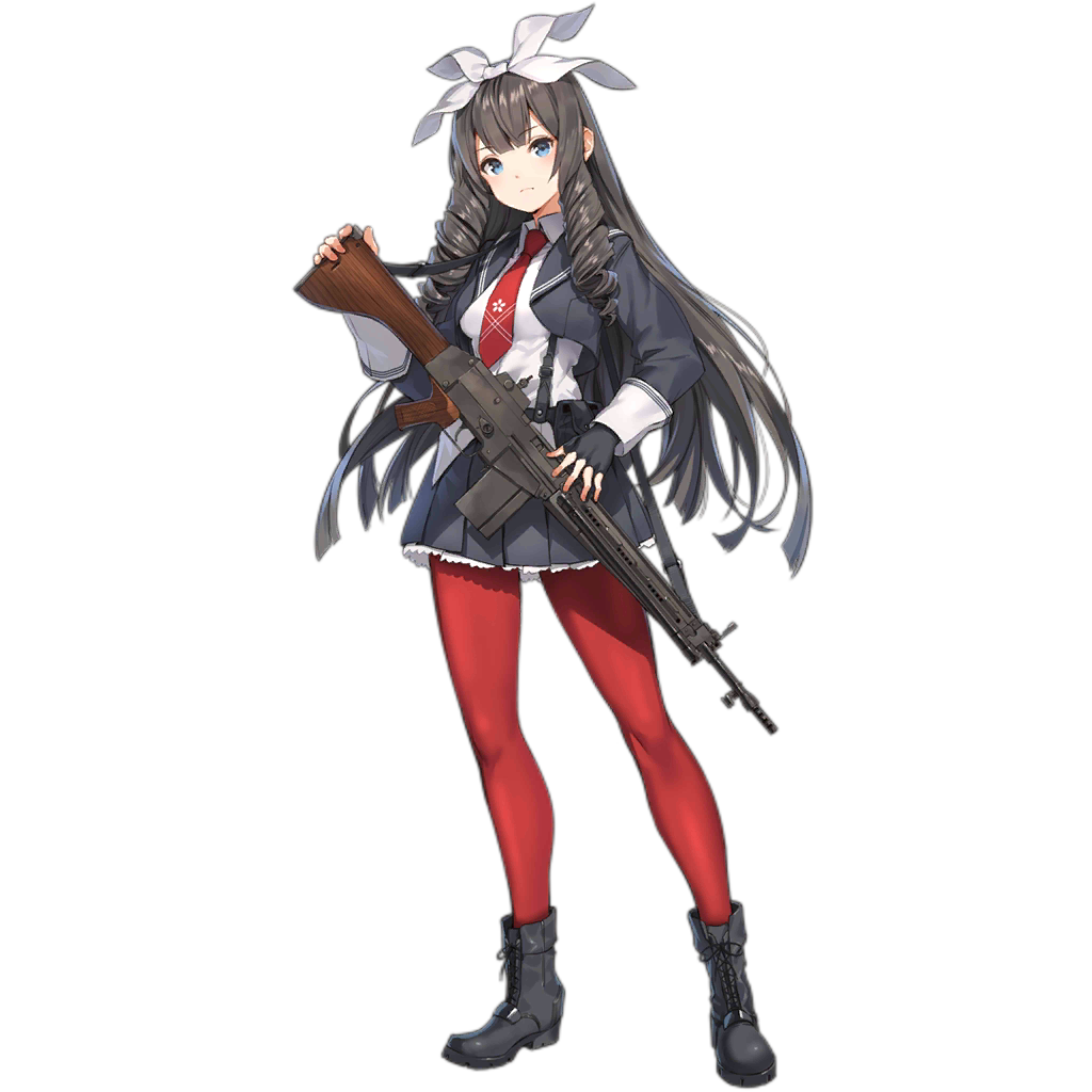 1girl artist_request bangs battle_rifle belt_pouch black_footwear black_gloves blue_eyes blue_jacket blue_skirt blunt_bangs blunt_ends boots bow breasts brown_hair closed_mouth combat_boots cropped_jacket cross-laced_footwear drill_hair drill_locks fingerless_gloves full_body girls_frontline gloves gun hair_bow holding holding_gun holding_weapon howa_type_64 howa_type_64_(girls_frontline) jacket knees lace lace-trimmed_skirt long_hair long_sleeves looking_at_viewer necktie official_art pantyhose pleated_skirt pouch red_legwear red_neckwear rifle sailor_collar shirt skirt small_breasts solo strap transparent_background untucked_shirt very_long_hair weapon white_bow white_shirt wrist_cuffs